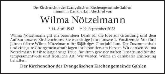 Traueranzeige von Wilma Nötzelmann von Ruhr Nachrichten und Dorstener Zeitung
