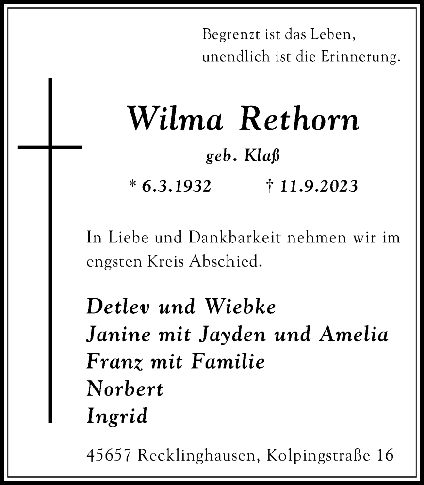  Traueranzeige für Wilma Rethorn vom 16.09.2023 aus Medienhaus Bauer
