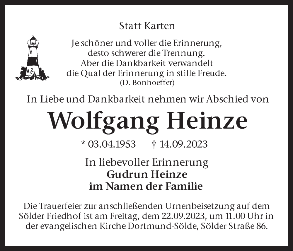  Traueranzeige für Wolfgang Heinze vom 19.09.2023 aus 