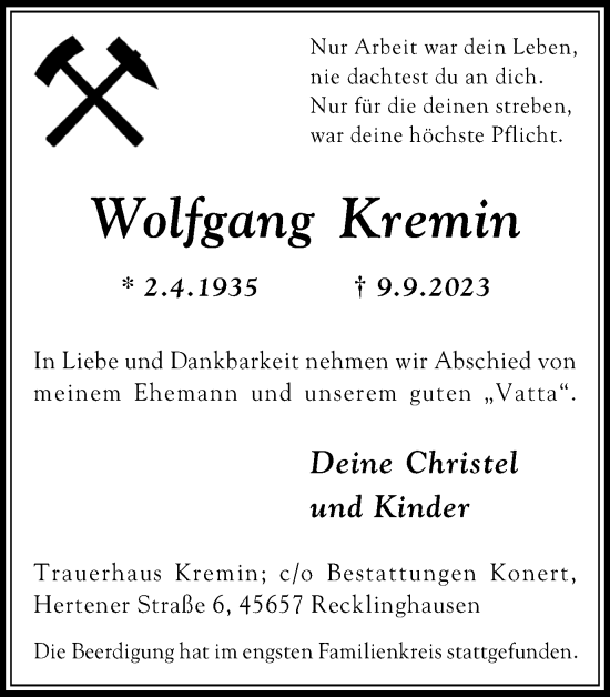 Traueranzeige von Wolfgang Kremin von Medienhaus Bauer