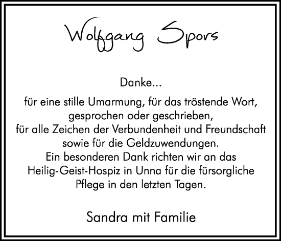Traueranzeige von Wolfgang Spors von Hellweger Anzeiger