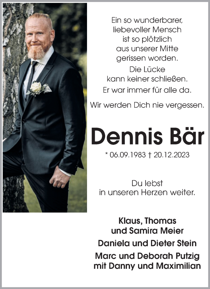  Traueranzeige für Dennis Bär vom 06.01.2024 aus Medienhaus Bauer