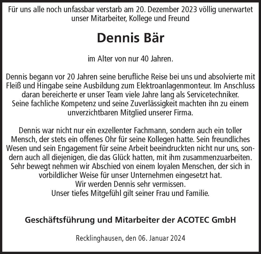  Traueranzeige für Dennis Bär vom 06.01.2024 aus Medienhaus Bauer