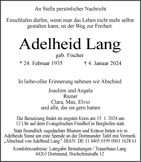 Traueranzeige von Adelheid Lang 