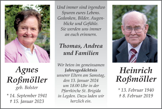 Traueranzeige von Agnes und Heinrich Roßmöller von Münstersche Zeitung und Münsterland Zeitung