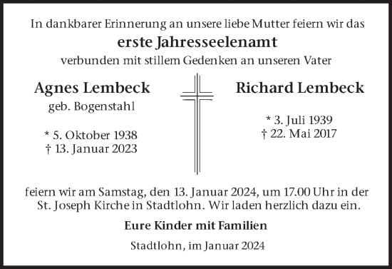 Traueranzeige von Agnes und Richard Lembeck von Münstersche Zeitung und Münsterland Zeitung
