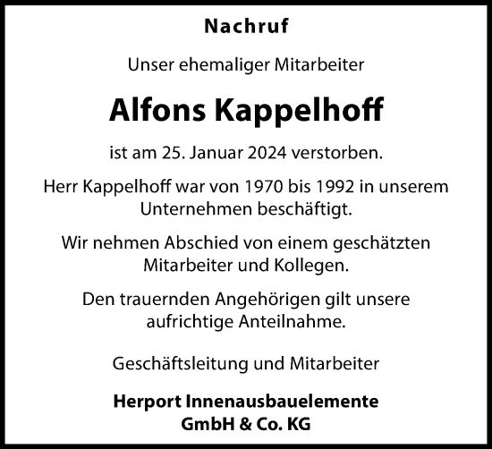 Traueranzeige von Alfons Kappelhoff von Münstersche Zeitung und Münsterland Zeitung