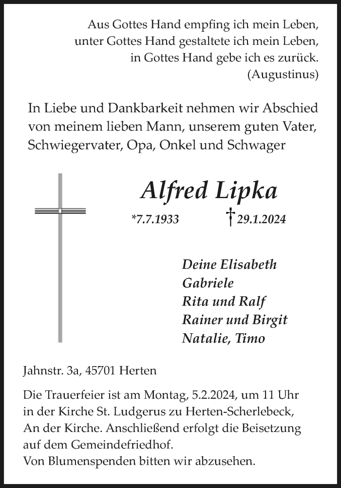  Traueranzeige für Alfred Lipka vom 31.01.2024 aus Medienhaus Bauer