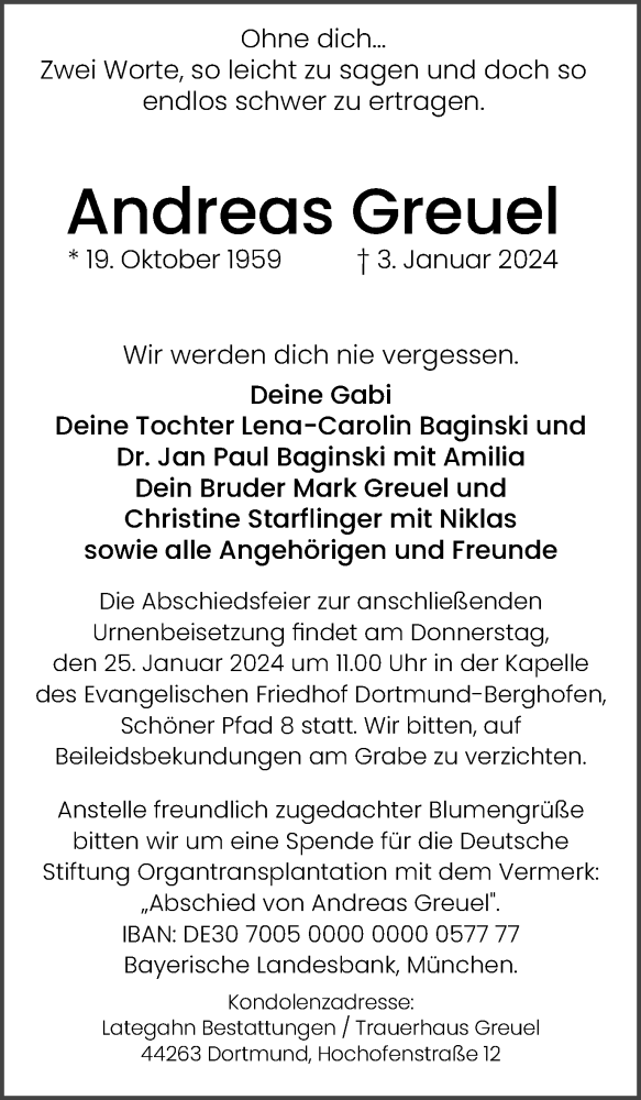  Traueranzeige für Andreas Greuel vom 13.01.2024 aus 