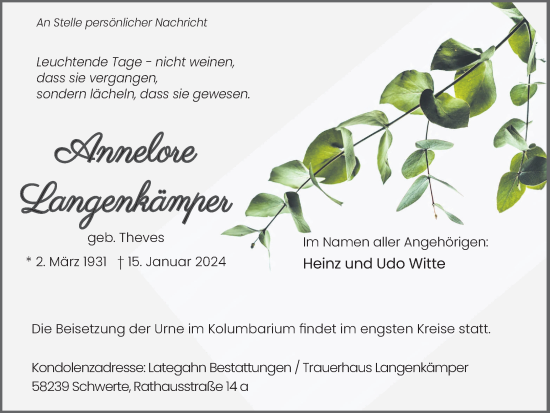 Traueranzeige von Annelore Langenkämper 
