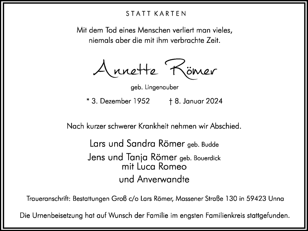  Traueranzeige für Annette Römer vom 13.01.2024 aus Hellweger Anzeiger