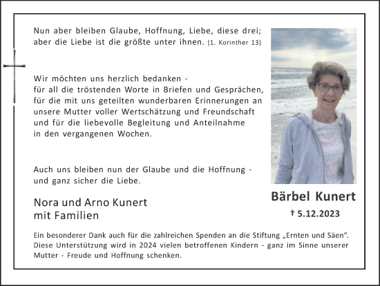 Traueranzeige von Bärbel Kunert von Medienhaus Bauer