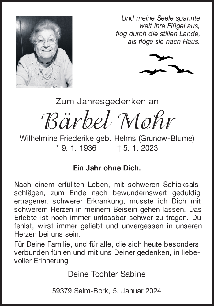  Traueranzeige für Bärbel Mohr vom 05.01.2024 aus Ruhr Nachrichten