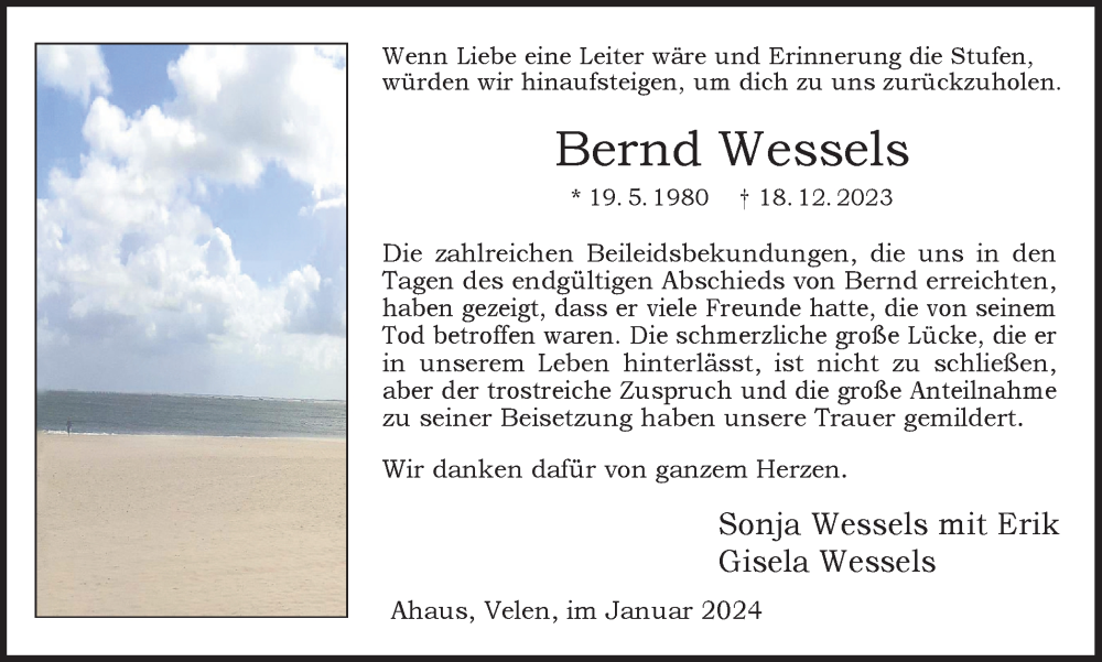  Traueranzeige für Bernd Wessels vom 31.01.2024 aus Münstersche Zeitung und Münsterland Zeitung