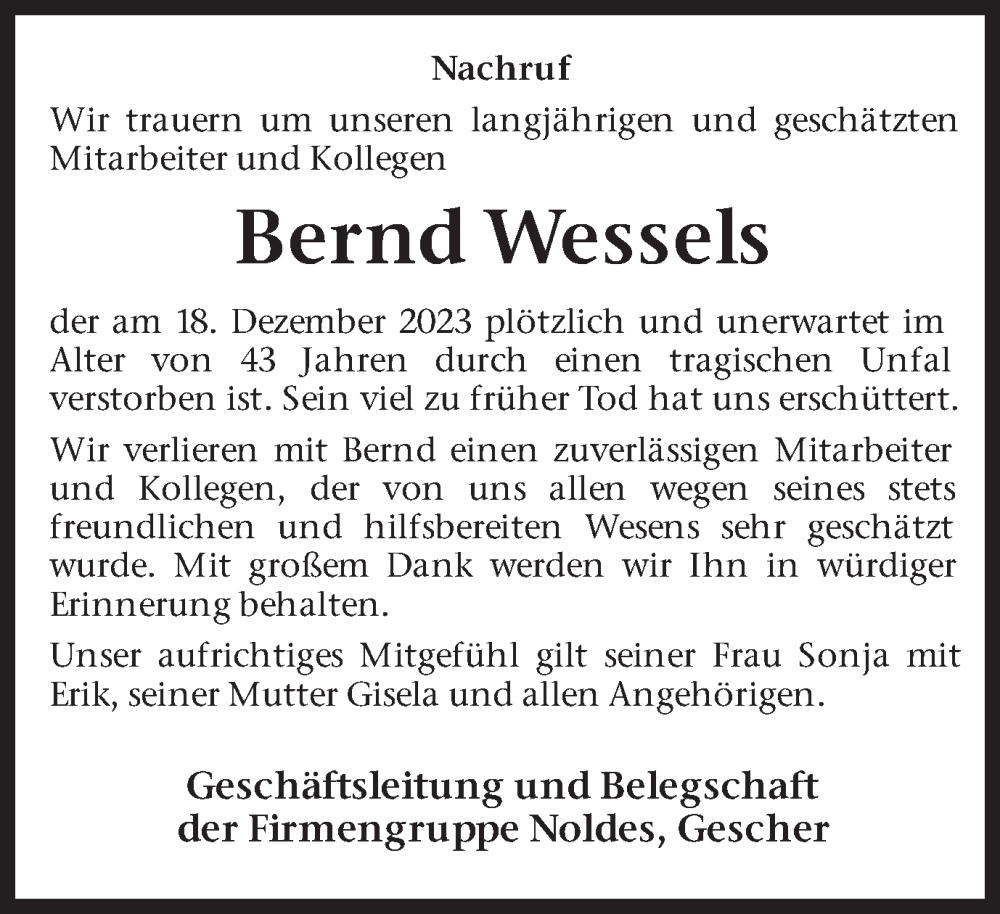  Traueranzeige für Bernd Wessels vom 03.01.2024 aus Münstersche Zeitung und Münsterland Zeitung