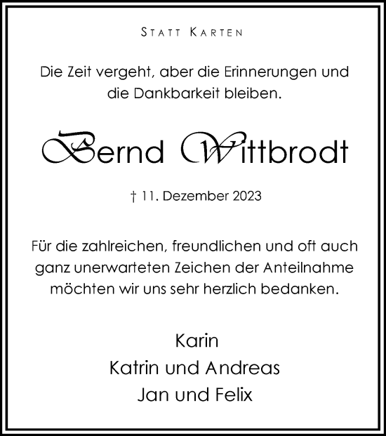 Traueranzeige von Bernd Wittbrodt von Hellweger Anzeiger