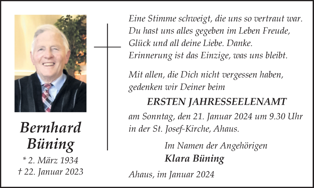  Traueranzeige für Bernhard Büning vom 17.01.2024 aus Münstersche Zeitung und Münsterland Zeitung