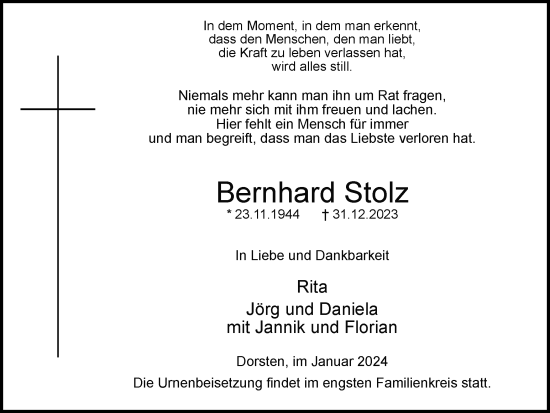 Traueranzeige von Bernhard Stolz von Ruhr Nachrichten und Dorstener Zeitung
