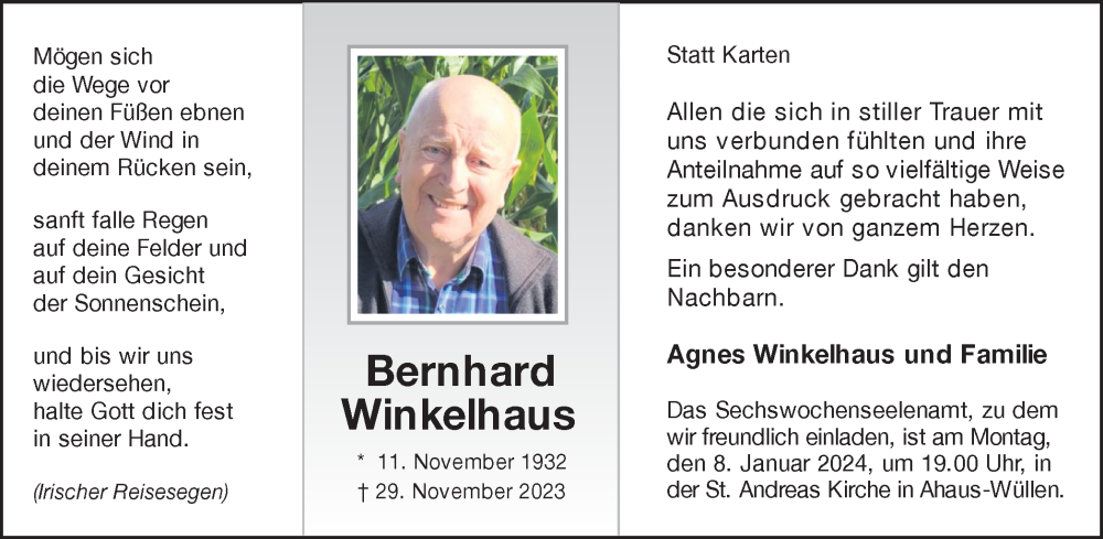 Traueranzeige für Bernhard Winkelhaus vom 03.01.2024 aus Münstersche Zeitung und Münsterland Zeitung