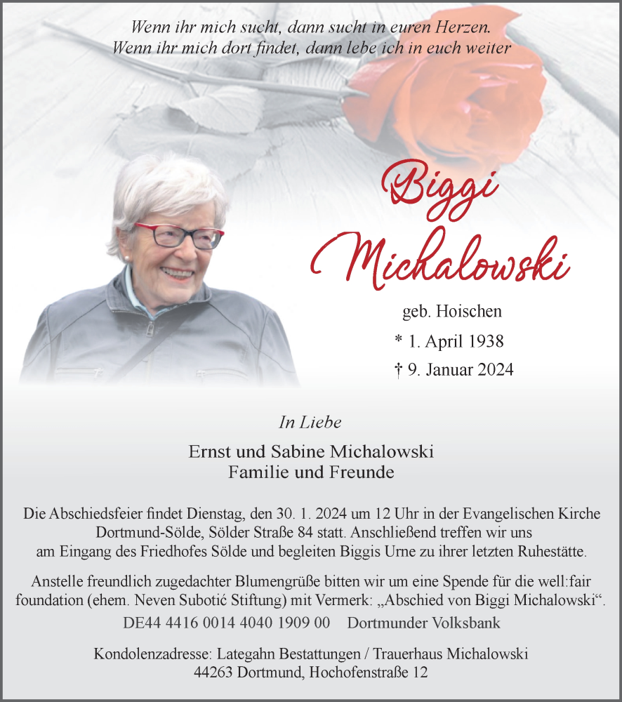  Traueranzeige für Biggi Michalowski vom 20.01.2024 aus 