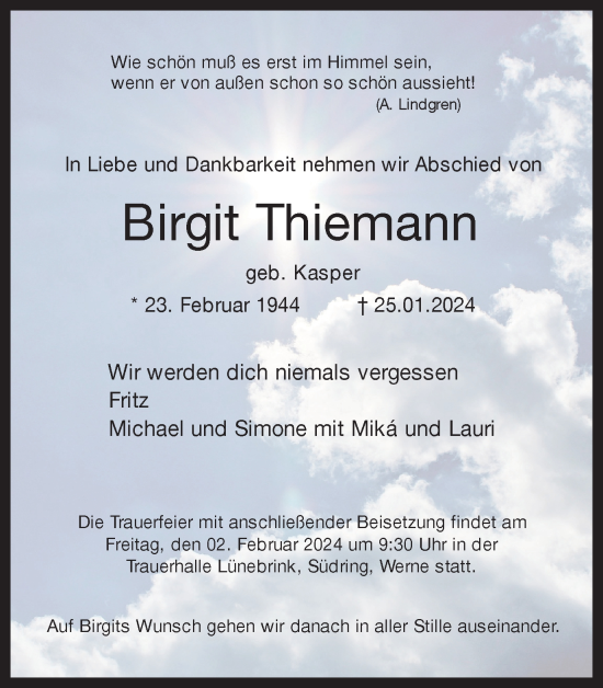 Traueranzeige von Birgit Thiemann von Ruhr Nachrichten