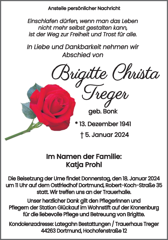 Traueranzeige von Brigitte Christa Treger 