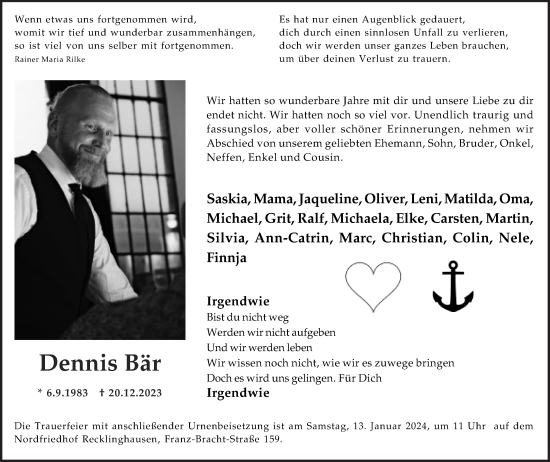 Traueranzeige von Dennis Bär von Medienhaus Bauer