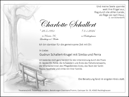 Traueranzeige von Charlotte Schallert von Medienhaus Bauer