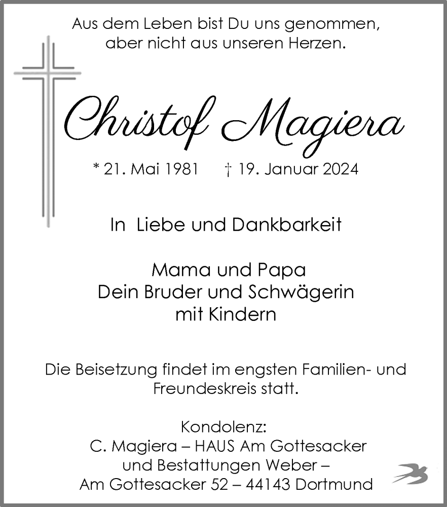  Traueranzeige für Christof Magiera vom 27.01.2024 aus 