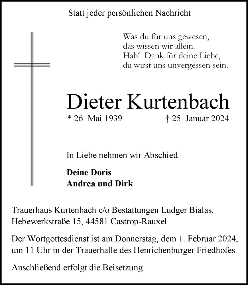  Traueranzeige für Dieter Kurtenbach vom 29.01.2024 aus Ruhr Nachrichten