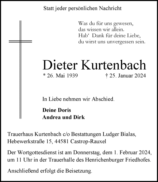 Traueranzeige von Dieter Kurtenbach von Ruhr Nachrichten