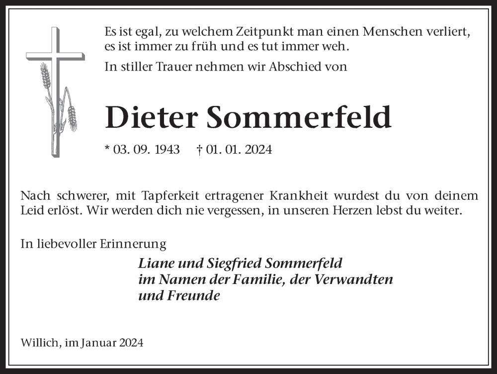  Traueranzeige für Dieter Sommerfeld vom 13.01.2024 aus Medienhaus Bauer