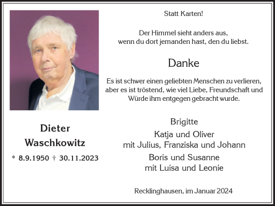 Traueranzeige von Dieter Waschkowitz von Medienhaus Bauer