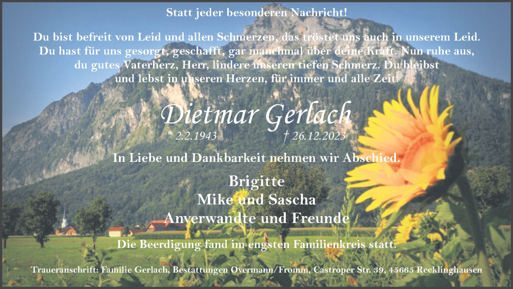  Traueranzeige für Dietmar Gerlach vom 13.01.2024 aus Medienhaus Bauer