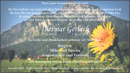 Traueranzeige von Dietmar Gerlach von Medienhaus Bauer