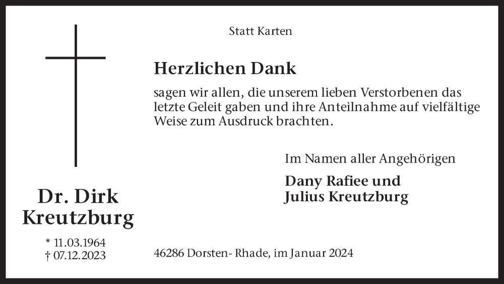 Traueranzeige für Dirk Kreutzburg vom 20.01.2024 aus Ruhr Nachrichten und Dorstener Zeitung