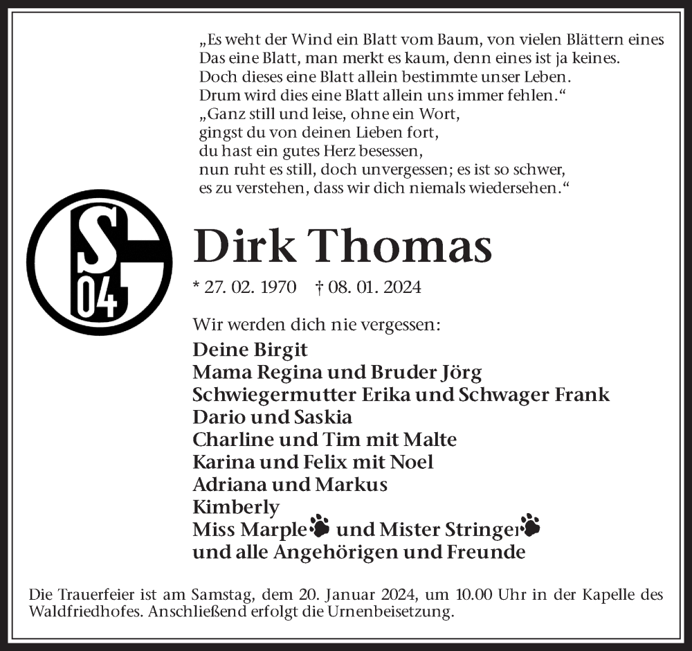  Traueranzeige für Dirk Thomas vom 13.01.2024 aus Medienhaus Bauer