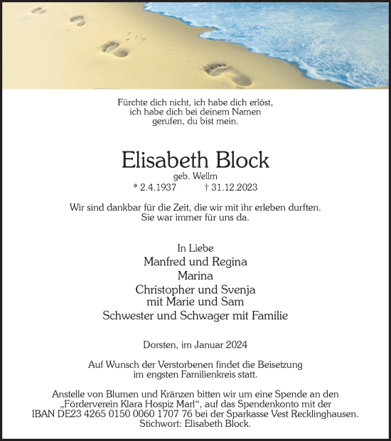 Traueranzeige von Elisabeth Block von Ruhr Nachrichten und Dorstener Zeitung