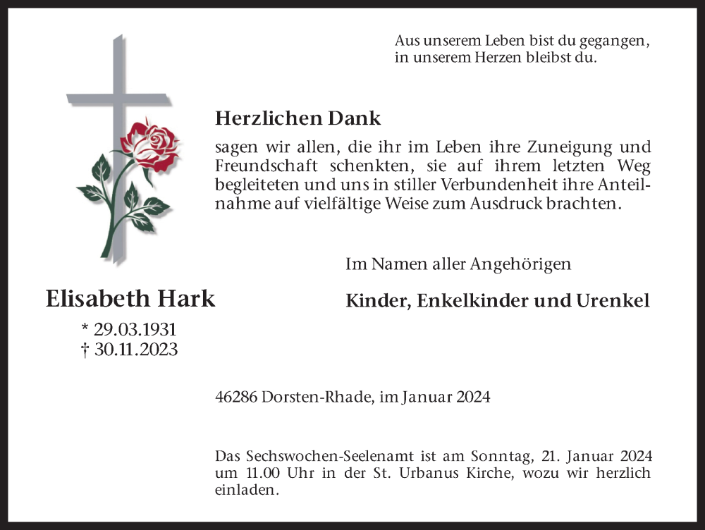  Traueranzeige für Elisabeth Hark vom 17.01.2024 aus Ruhr Nachrichten und Dorstener Zeitung
