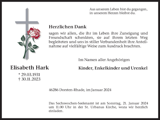Traueranzeige von Elisabeth Hark von Ruhr Nachrichten und Dorstener Zeitung