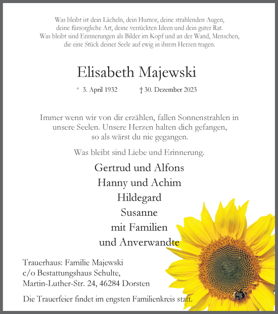Traueranzeige von Elisabeth Majewski von Ruhr Nachrichten und Dorstener Zeitung