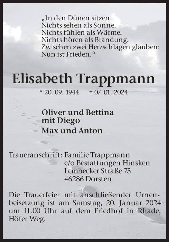 Traueranzeige von Elisabeth Trappmann von Ruhr Nachrichten und Dorstener Zeitung