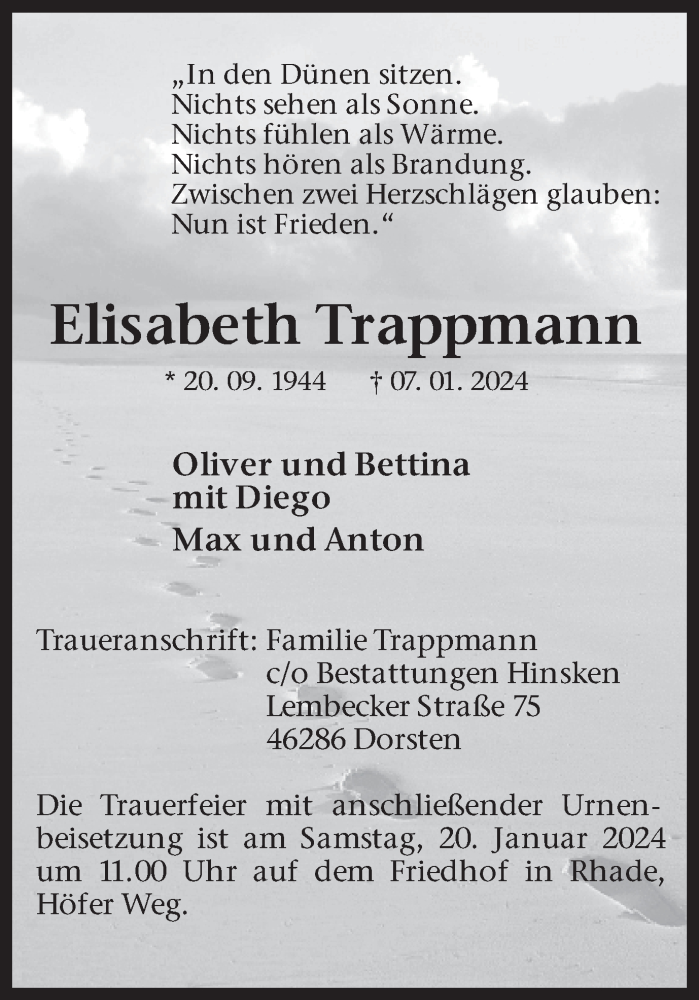  Traueranzeige für Elisabeth Trappmann vom 13.01.2024 aus Ruhr Nachrichten und Dorstener Zeitung