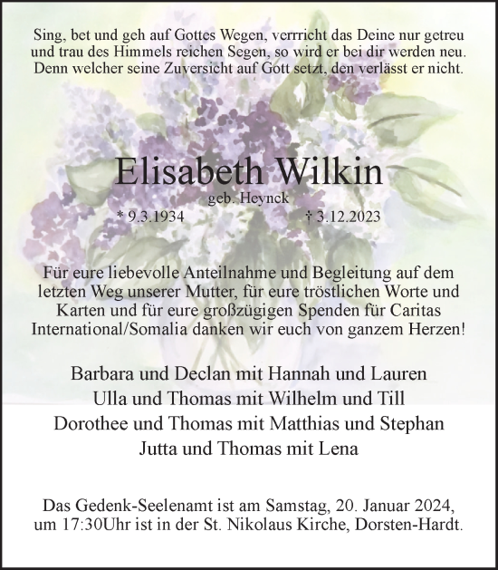 Traueranzeige von Elisabeth Wilkin von Ruhr Nachrichten und Dorstener Zeitung