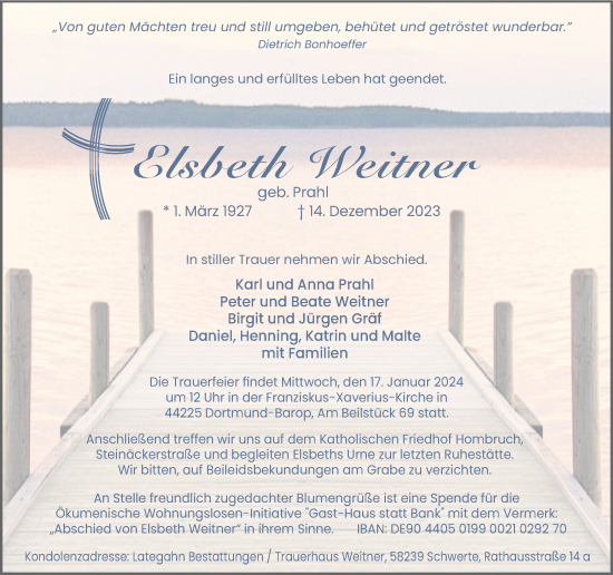 Traueranzeige von Elsbeth Weitner 