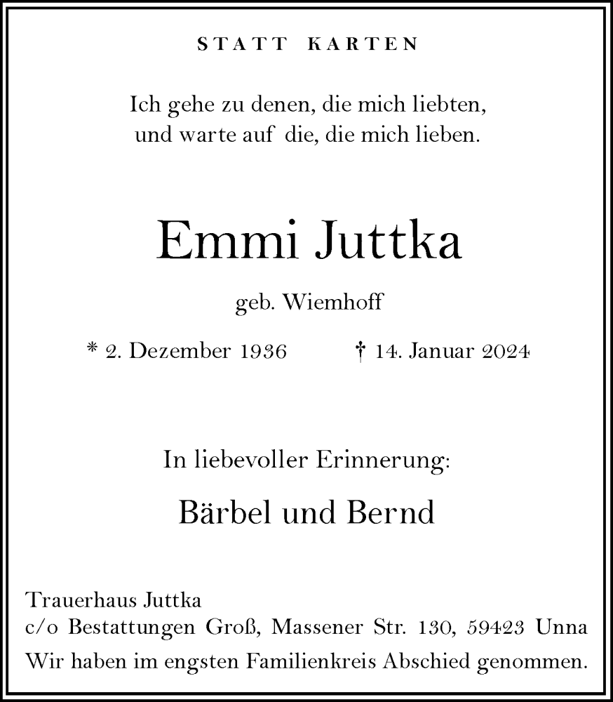  Traueranzeige für Emmi Juttka vom 27.01.2024 aus Hellweger Anzeiger