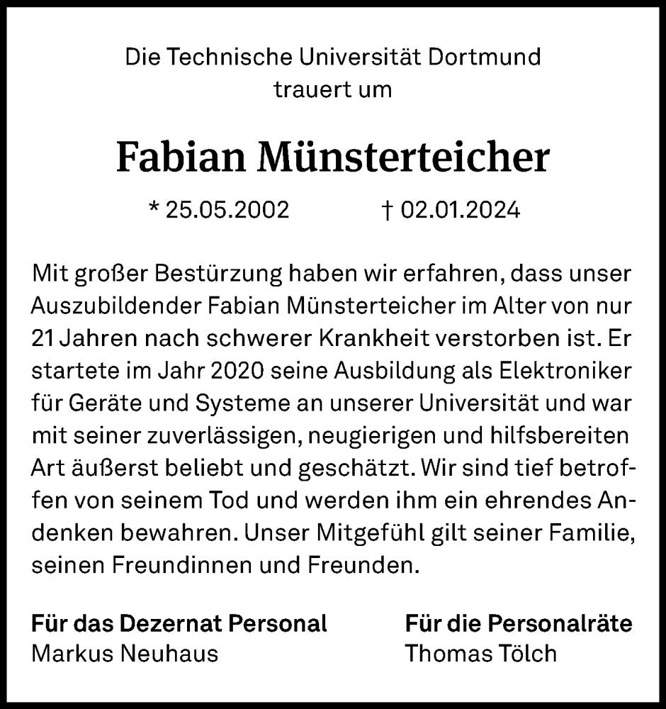  Traueranzeige für Fabian Münsterteicher vom 13.01.2024 aus 