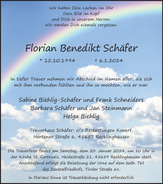 Traueranzeige von Florian Benedikt Schäfer von Medienhaus Bauer