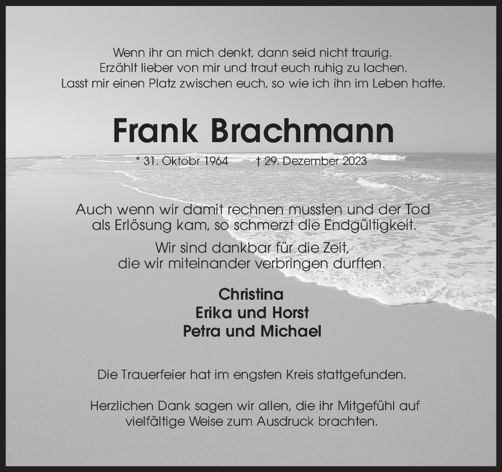  Traueranzeige für Frank Brachmann vom 27.01.2024 aus Ruhr Nachrichten und Dorstener Zeitung