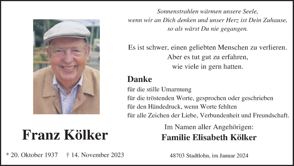 Traueranzeige für Franz Kölker vom 06.01.2024 aus Münstersche Zeitung und Münsterland Zeitung